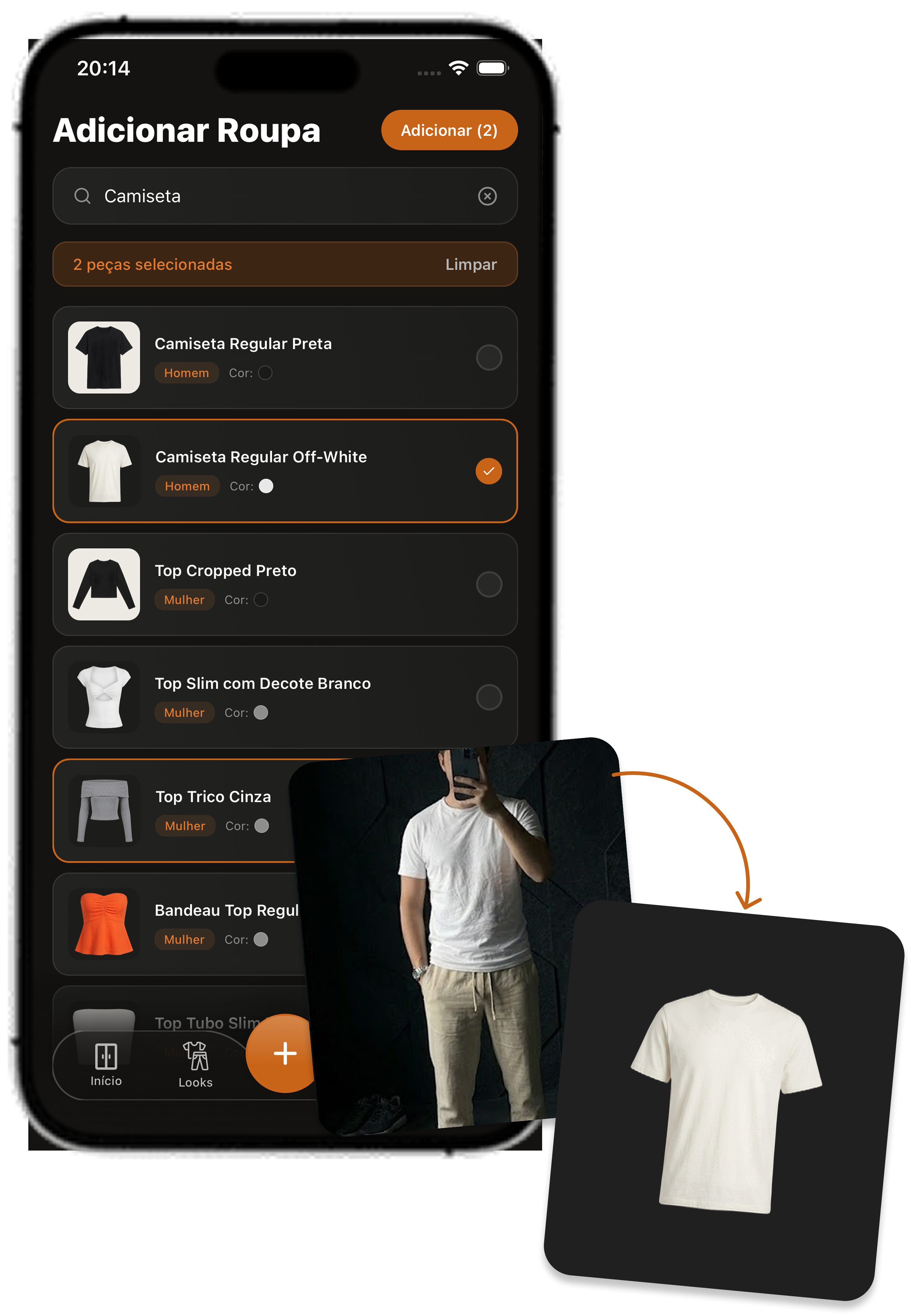 Cadastro de roupas com busca no catálogo e remoção automática de fundo