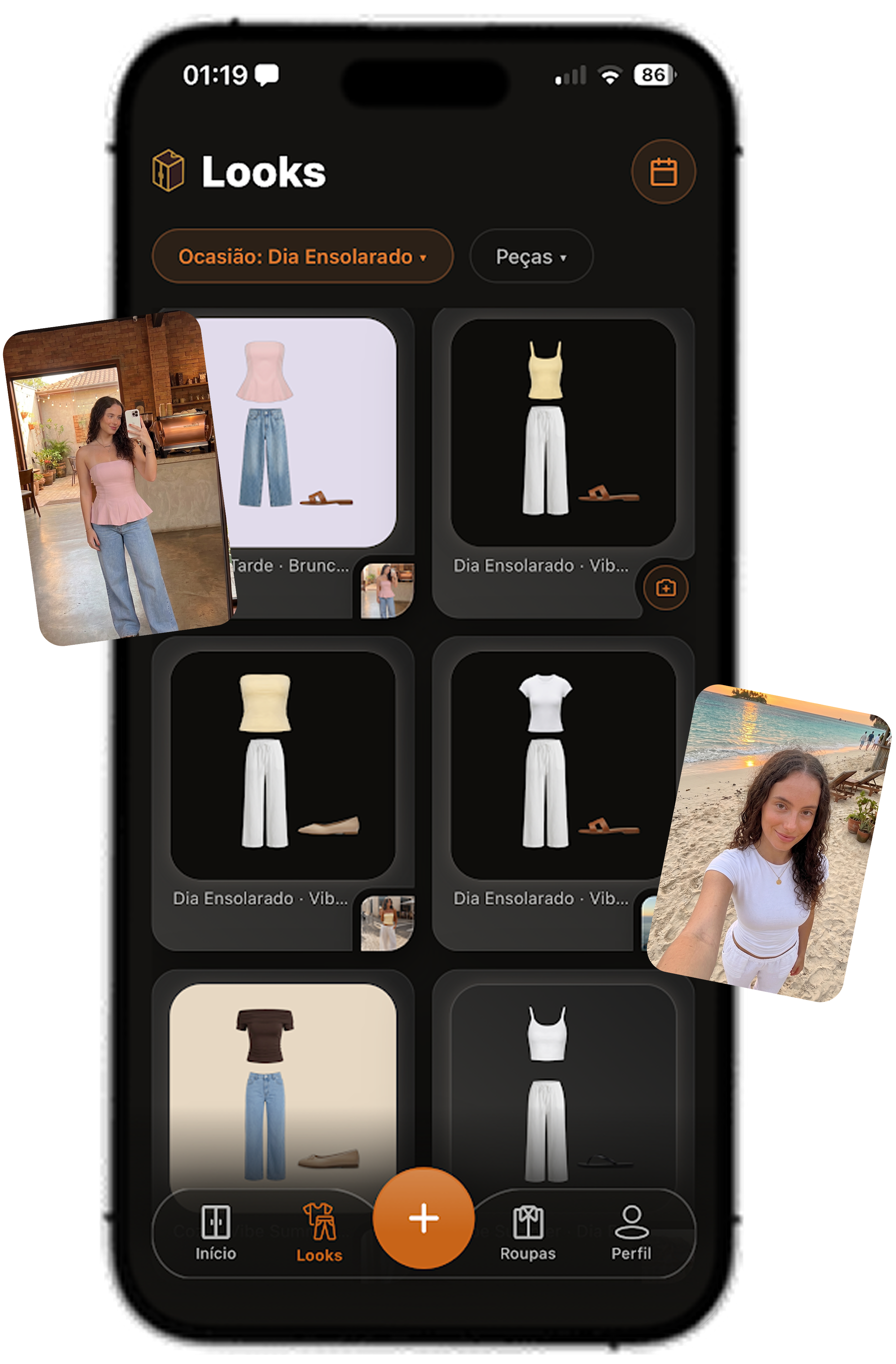 Tela de Looks do Vestium com grid de combinações e fotos do diário